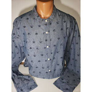 Men's Palm Tree Button Down Shirt 2XL Mandarin Collar Gray New